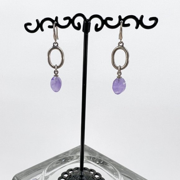 NWT -Ellen Tracy- Semi Precious Amethyst Antiqued Silver Tone Fishhook Earrings - Picture 2 of 6